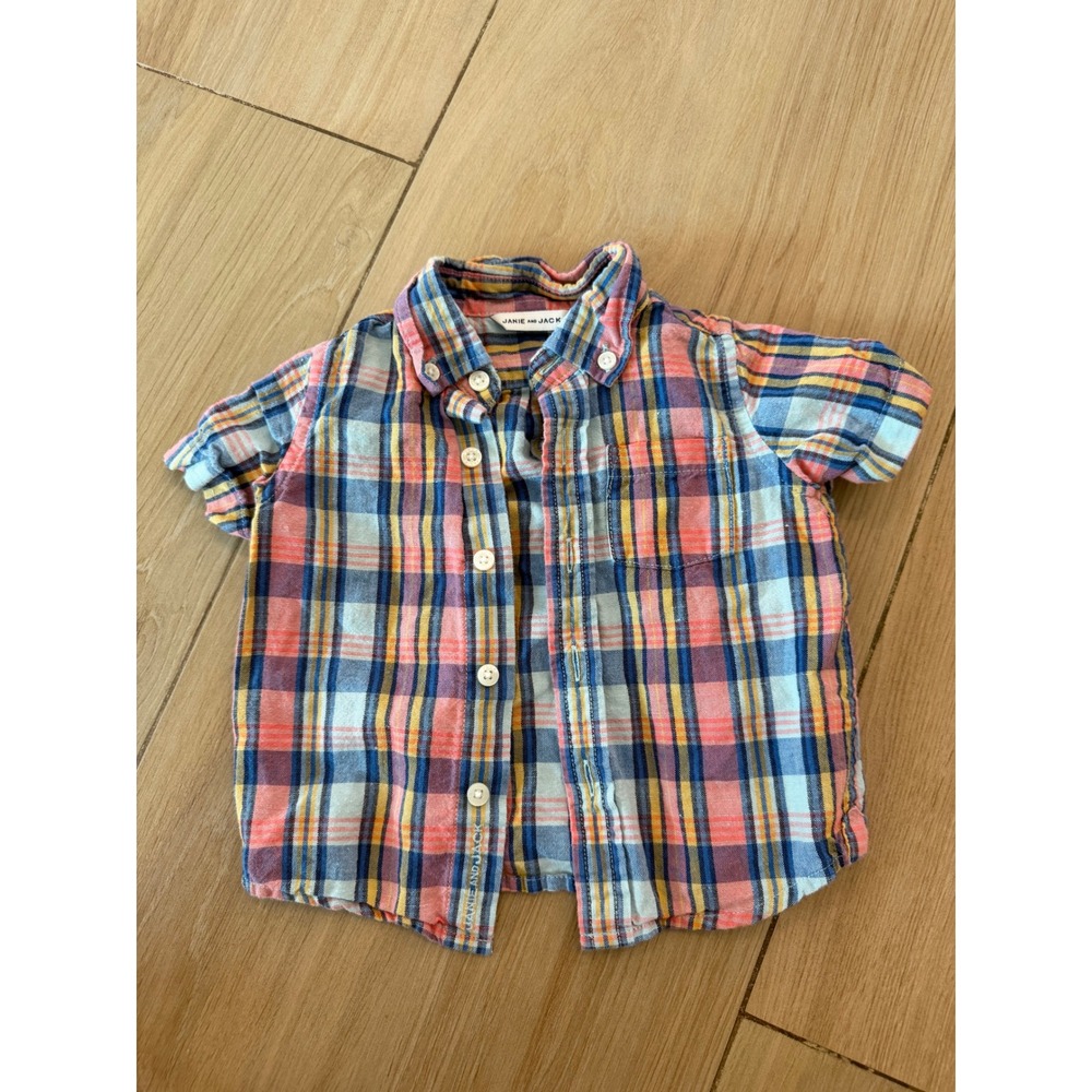 Janie and Jack Boys Plaid Short Sleeve Button Down Shirt Linen Blend 6-12 Months